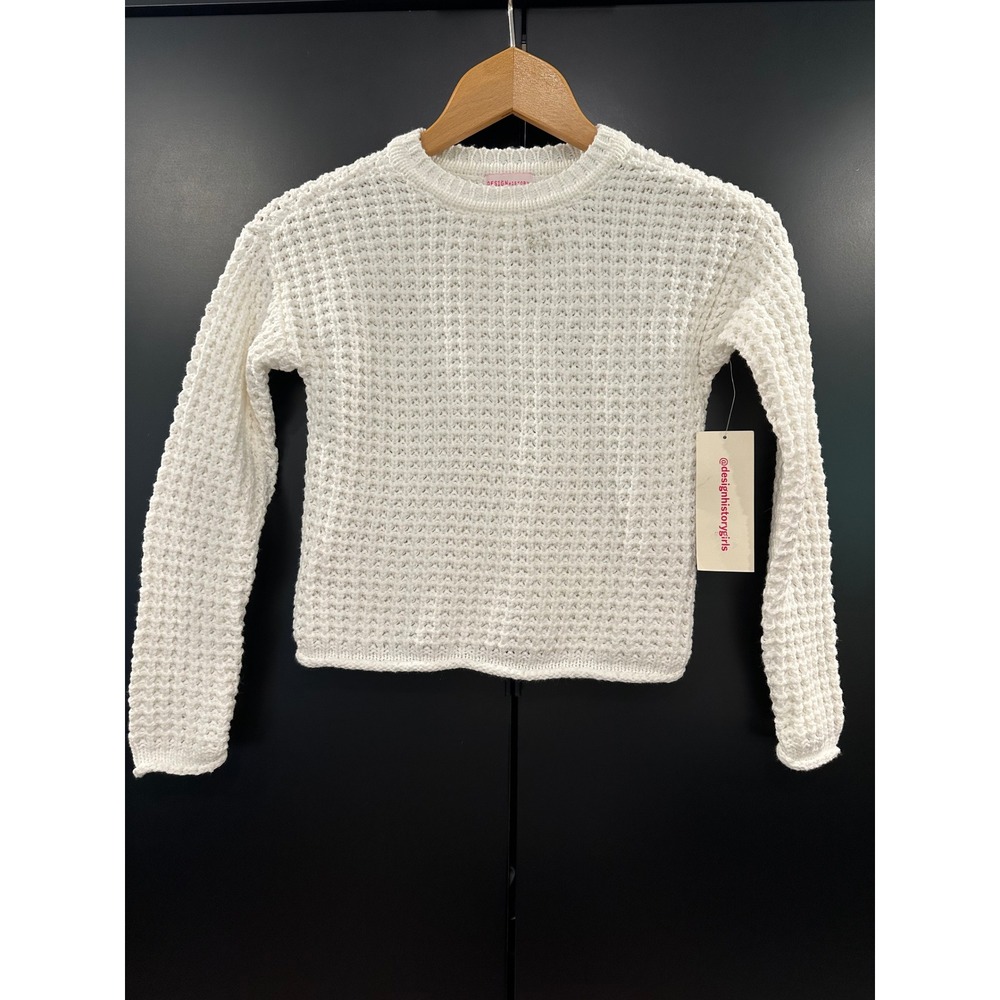 Design History Girls White Waffle Knit Sweater Long Sleeve Crew Neck Size 6